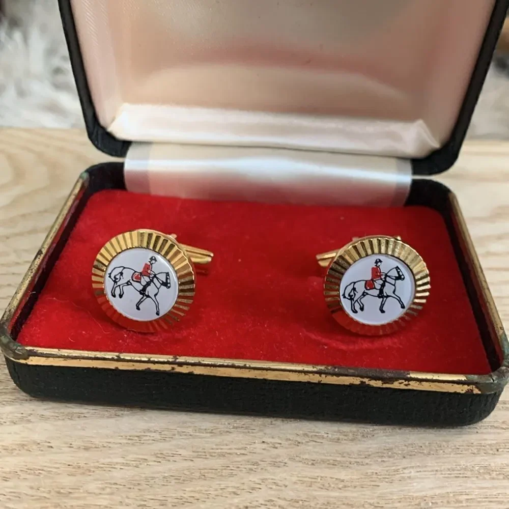 Vintage Equestrian Style Horse & Rider Gold Tone, Red, White‎ & Black Cuff Links